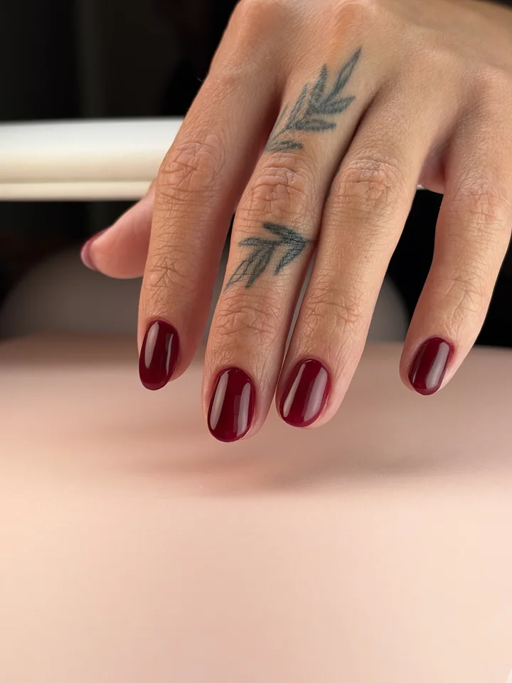 Short rounded nails with a glossy deep berry finish